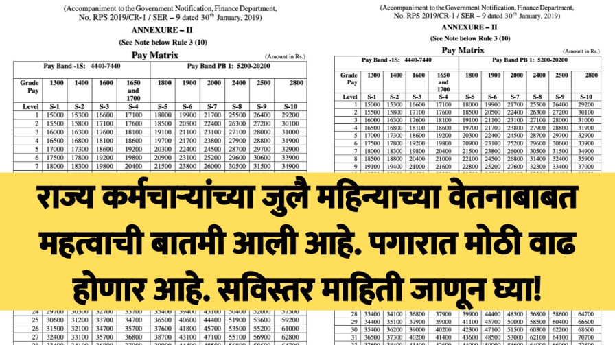 राज्य कर्मचाऱ्यांच्या जुलै महिन्याच्या वेतनाबाबत महत्वाची बातमी आली आहे. पगारात मोठी वाढ होणार आहे. सविस्तर माहिती जाणून घ्या!
