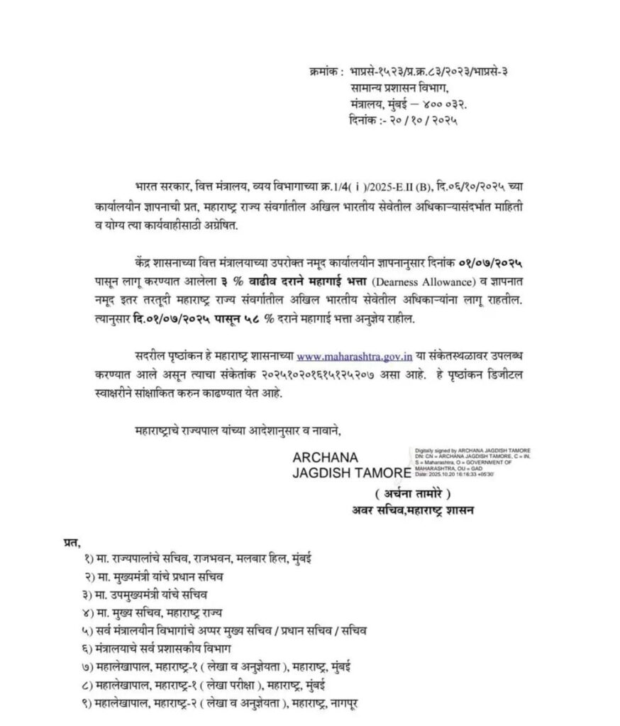 सरकारी कर्मचाऱ्यांना 3% महागाई भत्ता वाढ संदर्भात शासन निर्णय GR निर्गमित