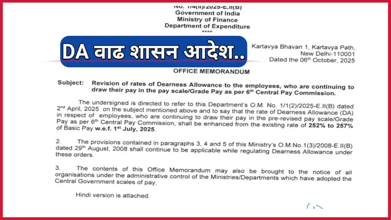 दिनांक 01.07.2025 पासुन कर्मचाऱ्यांच्या डी.ए मध्ये 3% DA फरकासह अदा करणेबाबत नविन आदेश निर्गमित ..DA Allowance 2025