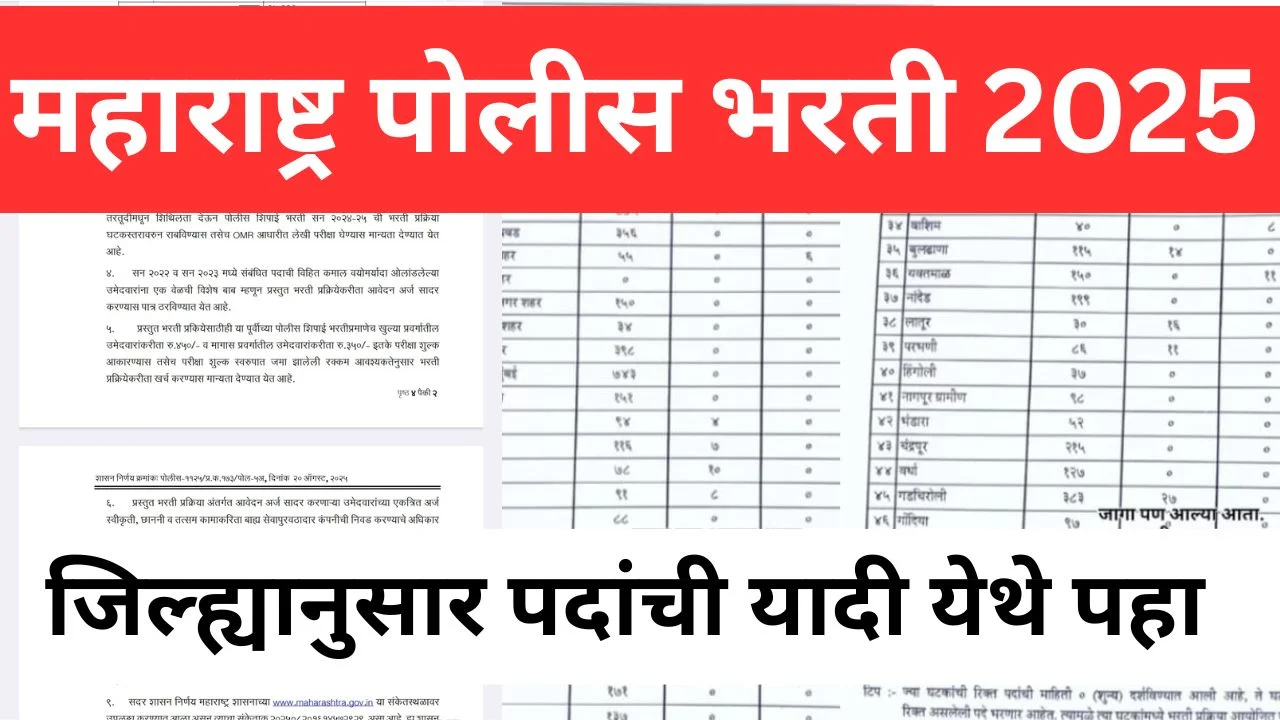 महाराष्ट्र पोलीस भरती ऑनलाईन अर्ज सुरू ! सर्व जिल्ह्यानुसार जागांची यादी पहा Maharashtra Police Recruitment 2025 All Districts Vacancy महाराष्ट्र पोलीस भरती ऑनलाईन अर्ज सुरू ! सर्व जिल्ह्यानुसार जागांची यादी पहा Maharashtra Police Recruitment 2025 All Districts Vacancy